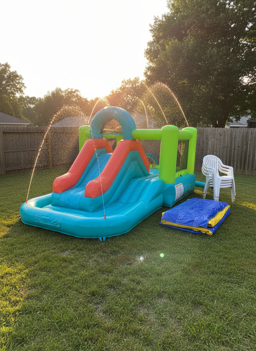 A playful backyard splash zone centered on a compact inflatable water combo unit that combines a short slide, a small bounce area, and a shallow splash pad, all in bright tropical colors of teal, coral, and lime green. The vinyl surface glistens with thin streams of water spraying from arching nozzles, catching the golden hour light. Nearby, a stack of neatly nested plastic chairs and a folded additional inflatable are visible, hinting at more rental options. The grass is richly green and slightly damp. Captured in photographic realism from a slightly elevated, wide-angle perspective, the image has a vibrant, energetic mood while remaining clean, tidy, and free of clutter, perfectly suited to showcasing versatile party rental packages.