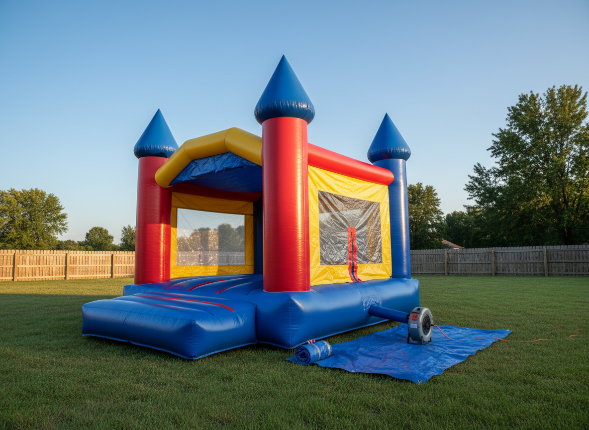 A cheerful inflatable bounce house in bold red, blue, and yellow stands on a perfectly manicured lawn, its castle-style turrets rising against a clear blue sky. The textured vinyl walls show subtle creases and stitching, with a mesh safety window revealing the empty, bouncy interior. Nearby, a compact blower with a bright extension cord hums beside a neatly coiled tarp. Late afternoon sunlight washes the scene in a warm glow, casting soft shadows and emphasizing depth. Shot from a three-quarter angle at child’s-eye height, the photographic composition uses shallow depth of field to keep the bounce house in crisp focus while gently blurring distant trees and fences, creating a playful, inviting atmosphere.
