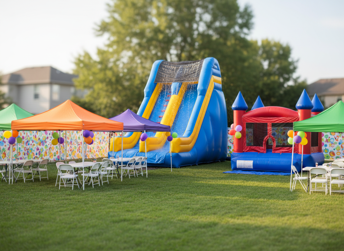 A vibrant collection of inflatable party rentals set up on a lush green suburban lawn, featuring a towering blue and yellow water slide with glistening wet vinyl, a bright red and royal blue bounce house, and neatly arranged white plastic tables and folding chairs under colorful canopy tents. Soft late-morning sunlight creates crisp, realistic highlights on the inflatables’ glossy surfaces and gentle shadows on the grass. Balloons and festive banners sway lightly in the background, slightly out of focus. Photographed at eye level with photographic realism and a wide-angle lens, the scene feels playful, energetic, and welcoming, capturing the essence of a turnkey backyard celebration without any people present.