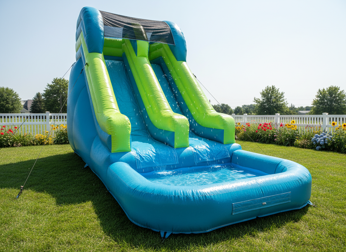 A single, extra-tall inflatable water slide in vivid shades of turquoise, lime green, and sunny yellow dominates a spacious backyard, its slick vinyl ramp glistening with water droplets that sparkle in bright midday sunlight. At the base, a shallow splash pool with rippling water reflects the sky, while in the background, a neatly fenced yard and blooming summer flowers are softly blurred. The slide’s seams, safety netting, and anchor points are visible in sharp detail. Captured from a slightly low angle for a heroic, larger-than-life feel, this photographic realism shot is crisp and colorful, evoking pure summer fun and high-energy excitement.