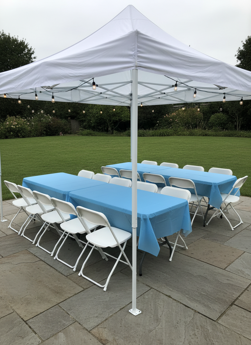 A neatly arranged party rental setup featuring two long rectangular tables covered in crisp, sky-blue plastic tablecloths, surrounded by rows of clean white folding chairs with smooth molded seats and metal legs. The arrangement sits on a level stone patio beside a green backyard lawn, with a large white pop-up canopy tent overhead. String lights are visible along the tent frame, unlit in bright, diffused daylight from an overcast sky that creates soft, shadowless illumination. The photographic realism shot is taken from a slightly elevated corner angle, showing symmetrical rows of chairs and the subtle texture of the tablecloths. The mood is organized, stress-free, and ready-for-guests, suggesting easy event hosting without showing any people.