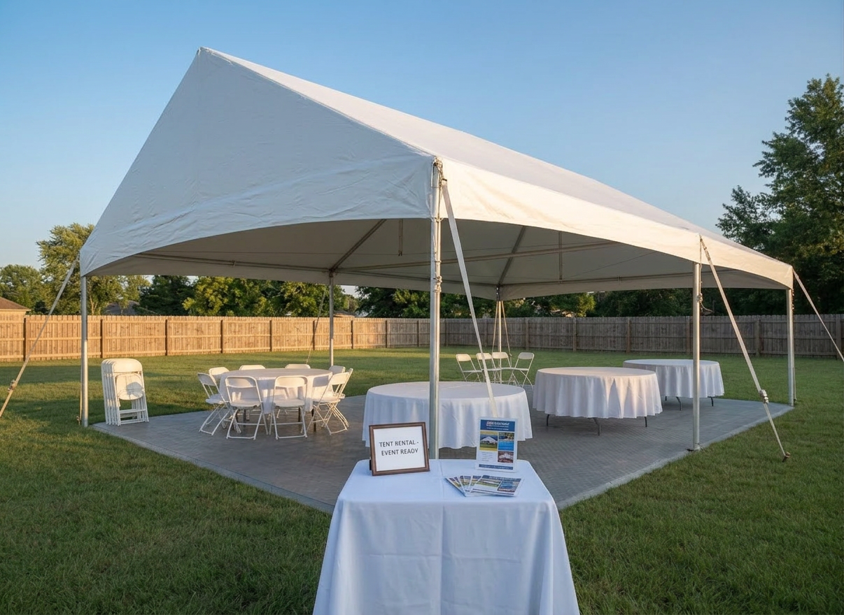 Event-ready outdoor rental tent setup White event tent with tables, chairs, and rental information set up on grass