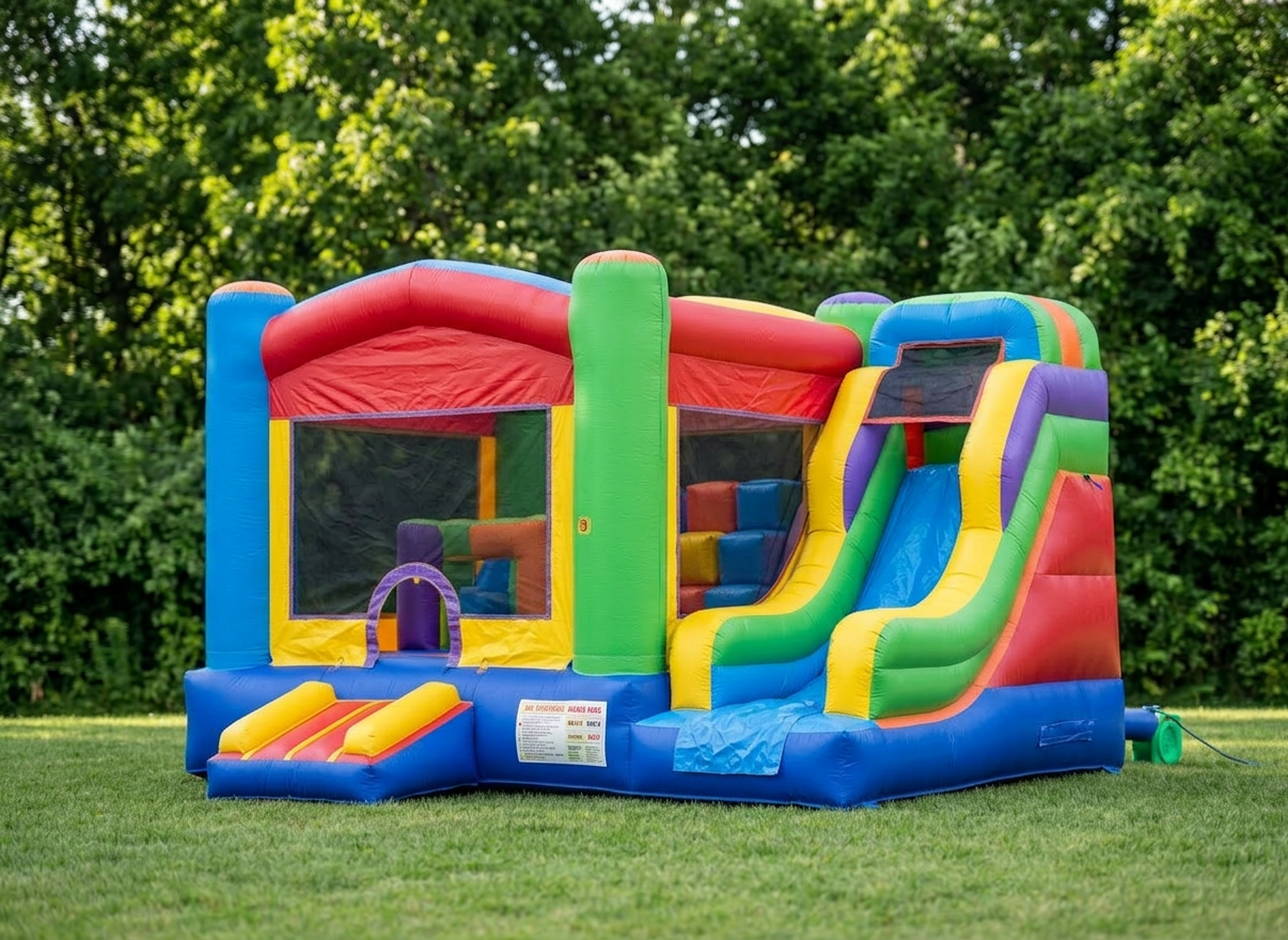 Colorful inflatable bounce house outdoors Multicolored inflatable bounce house set up on grassy field with trees and houses in background